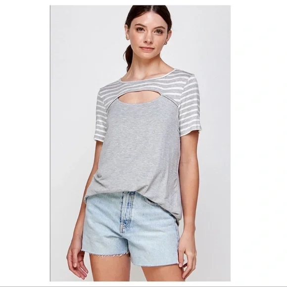 New Heather Gray Short Sleeve Top,Keyhole Front With Striped Contrast Sleeves - Picture 6 of 7